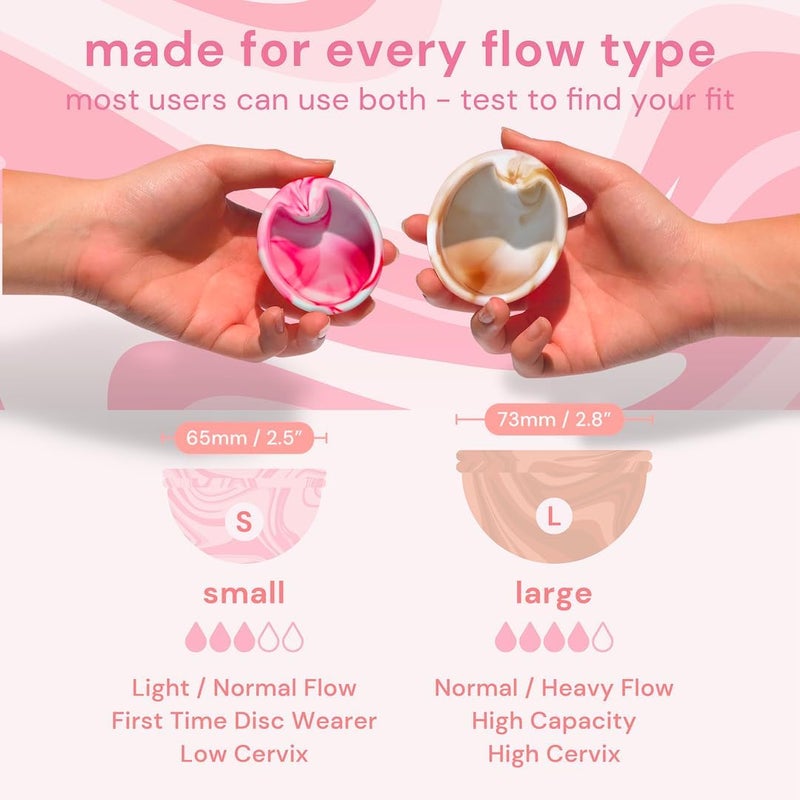 Bodyotics حزمة قرص الحيض القابل لإعادة الاستخدام وزيت التشحيم الشخصي - 2 قرص سيليكون للحيض (صغير وكبير، بيج/وردي)، يمكن ارتداؤه حتى 12 ساعة، زيت تشحيم مائي مناسب للسيليكون للنساء والأزواج - Image 2